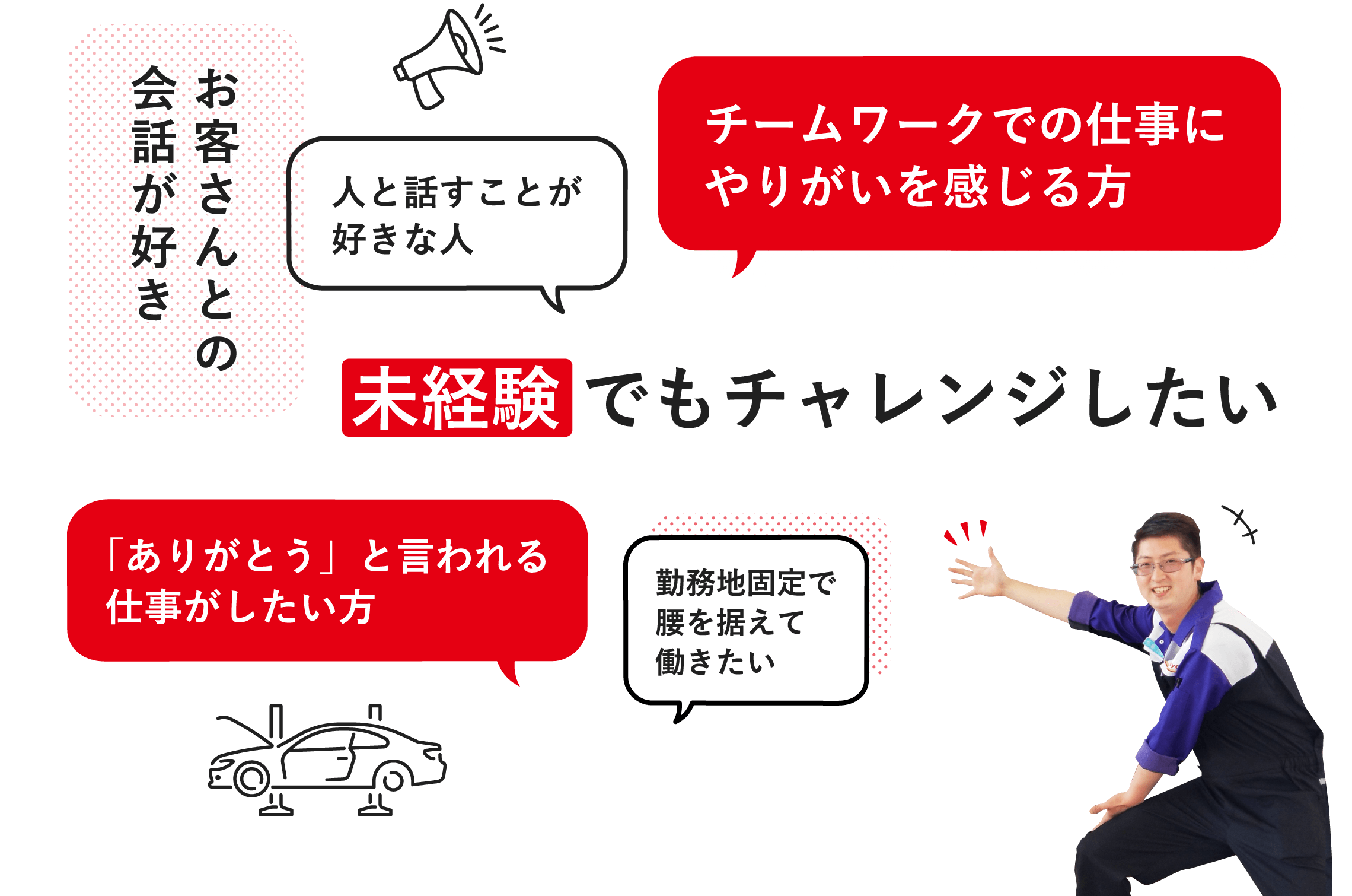 未経験 でもチャレンジしたい / チームワークでの仕事にやりがいを感じる方 / 「ありがとう」と言われる仕事がしたい方 / お客さんとの会話が好き / 人と話すことが好きな人 / 勤務地固定で腰を据えて働きたい